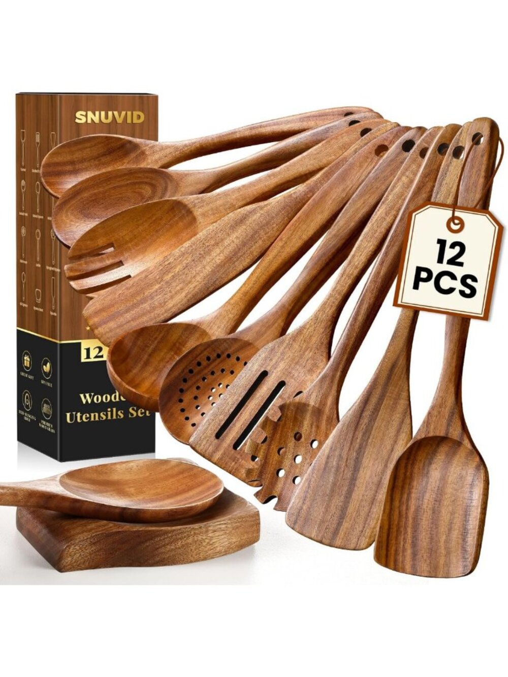 12 Pcs Wooden Cooking Utensils Set - Heat Resistant, Nonstick Kitchen Tools